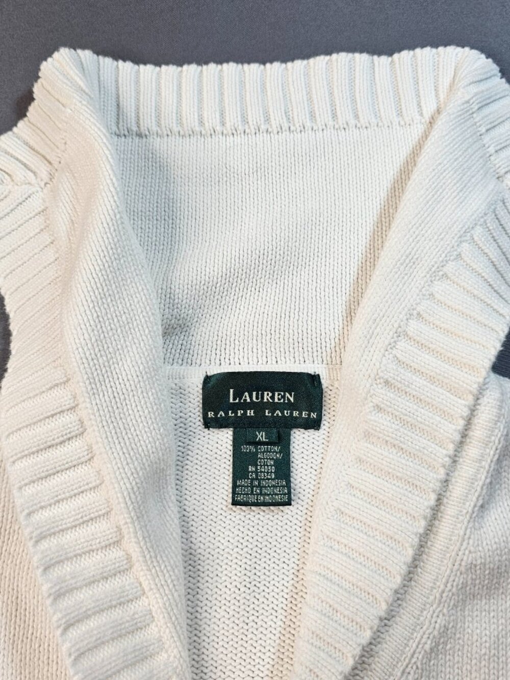 Lauren Ralph Lauren Cotton Shawl Collar Cardigan Sweater XL Cream Pockets - Picture 4 of 7